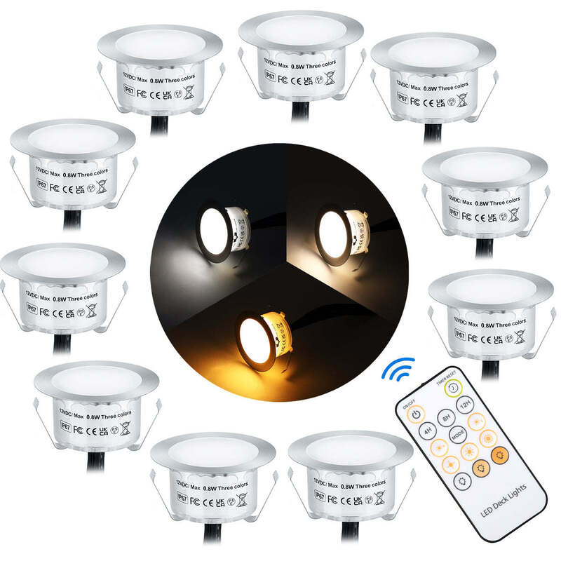 Timer Mode 4H 8H 12H Time Turn Off Recessed LED Deck Light Kits 3 Color Changing Features DC 12V Output Voltage Designed for Outdoor Deck and Pathway Lighting
