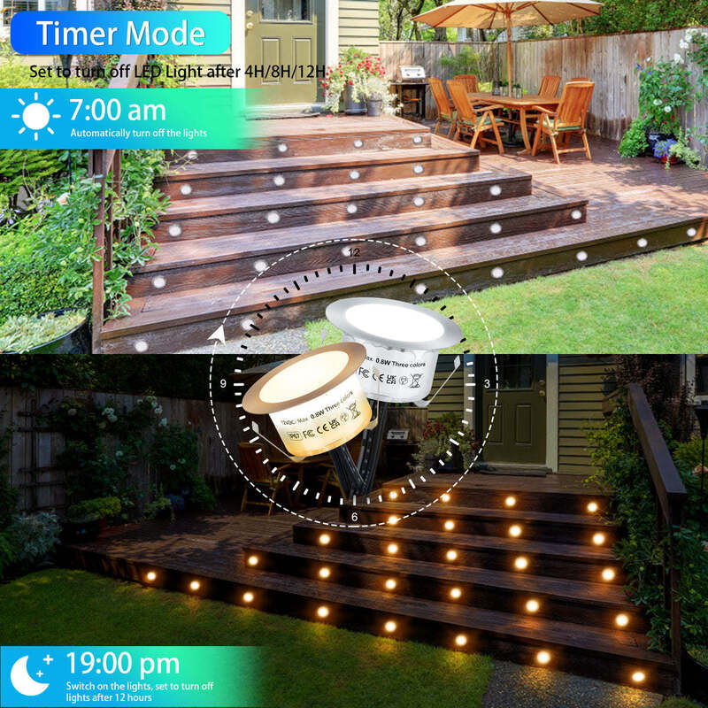 Timer Mode 4H 8H 12H Time Turn Off Recessed LED Deck Light Kits 3 Color Changing Features DC 12V Output Voltage Designed for Outdoor Deck and Pathway Lighting