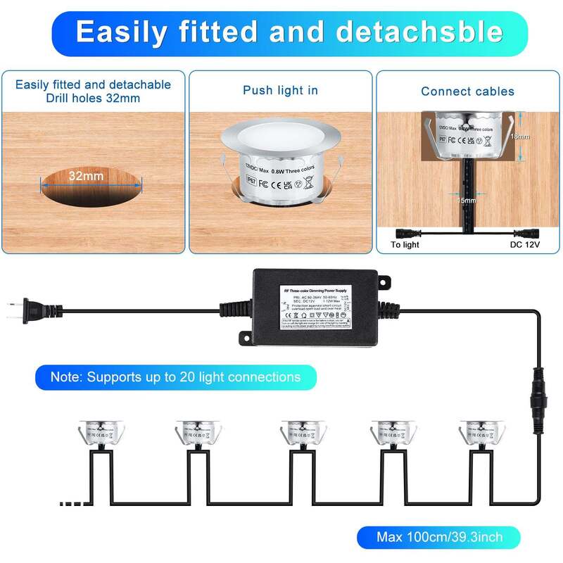 Timer Mode 4H 8H 12H Time Turn Off Recessed LED Deck Light Kits 3 Color Changing Features DC 12V Output Voltage Designed for Outdoor Deck and Pathway Lighting
