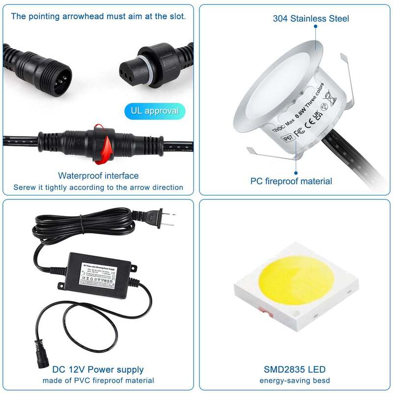 Timer Mode 4H 8H 12H Time Turn Off Recessed LED Deck Light Kits 3 Color Changing Features DC 12V Output Voltage Designed for Outdoor Deck and Pathway Lighting