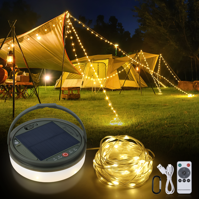 Energía Energía solar 4 en 1 Camping Lámparas de cuerda Iluminación LED a prueba de agua para exteriores incluyendo tiendas de campaña Patios Jardines y espacios del patio trasero