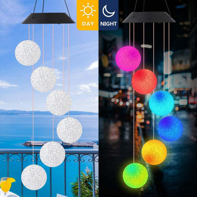 Campanas de viento solar de cambio de color incluyendo bola de cristal diseñadas para decoración de jardines e iluminación exterior ambiental