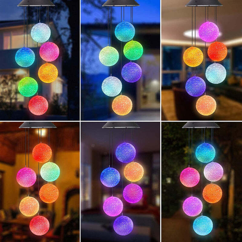 Campanas de viento solar de cambio de color incluyendo bola de cristal diseñadas para decoración de jardines e iluminación exterior ambiental