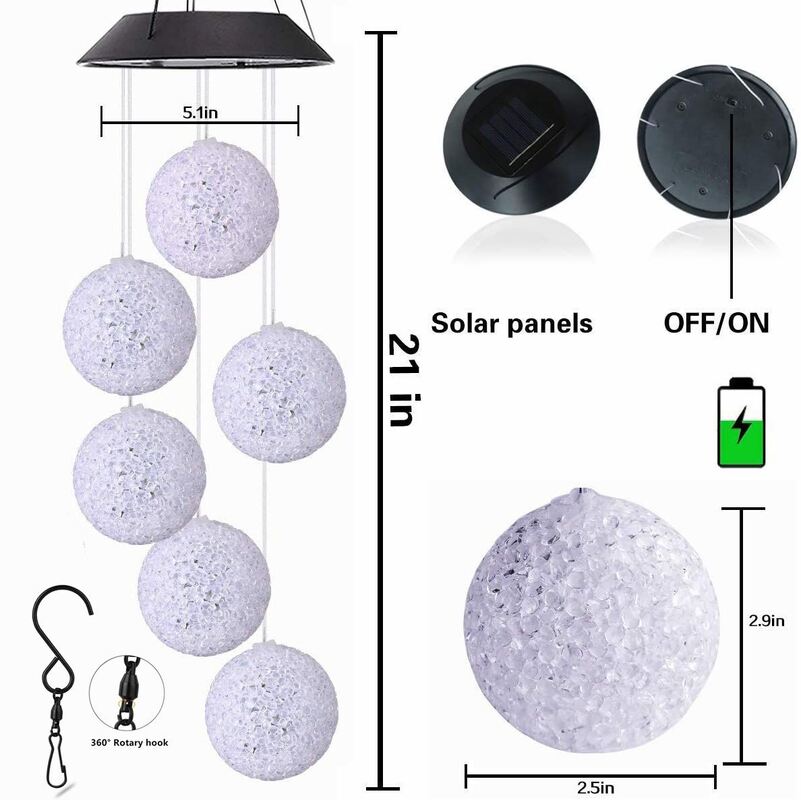 Campanas de viento solar de cambio de color incluyendo bola de cristal diseñadas para decoración de jardines e iluminación exterior ambiental