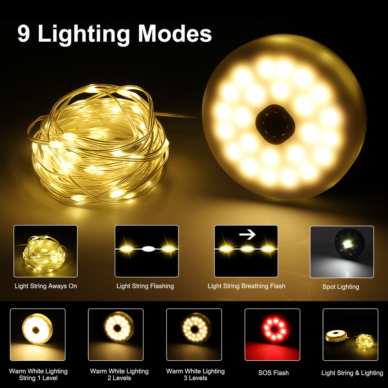 Compacto ligero 3 en 1 Camping String Light diseñado para caminatas de campamento y emergencias con múltiples modos de iluminación