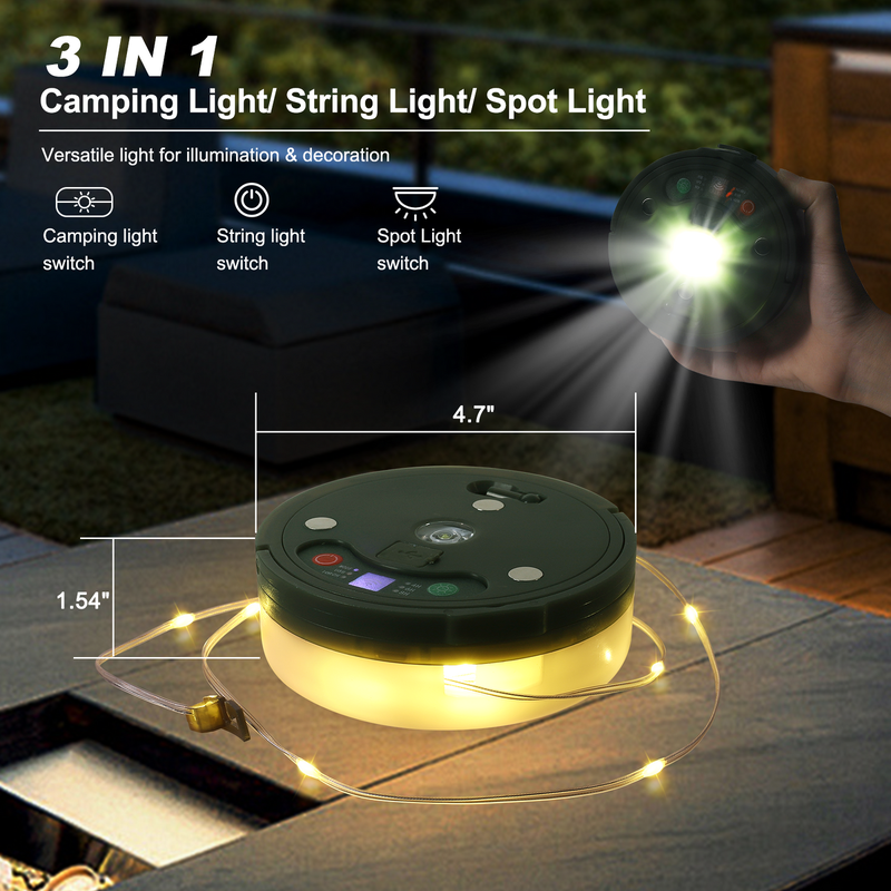 Compacto ligero 3 en 1 Camping String Light diseñado para caminatas de campamento y emergencias con múltiples modos de iluminación